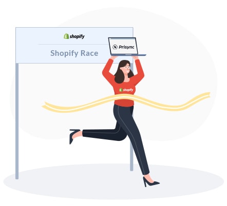 A woman running through the finish line of Shopify Race with a computer that shows Prisync's logo on screen