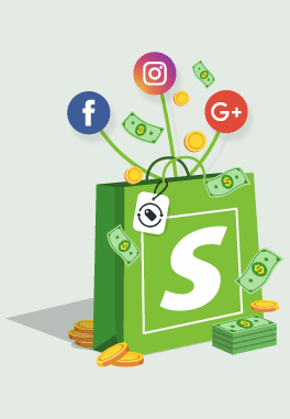 Shopify Sales Channels - A bag of Shopify within several social media icon that are available to sell online