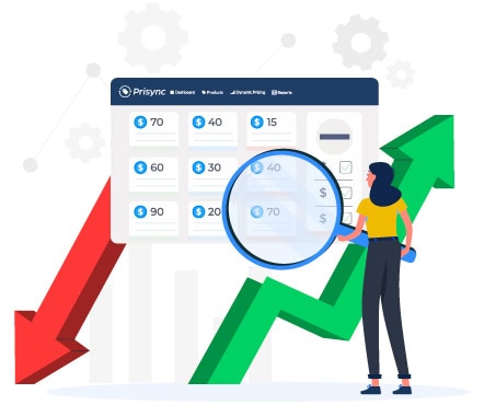 A woman is holding magnifying glass to look at all the prices on the Prisync competitor price tracking dashboard.