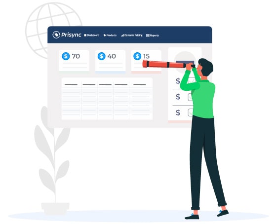 A person is looking at the prices on Prisync’s competitor price tracking dashboard with binoculars.