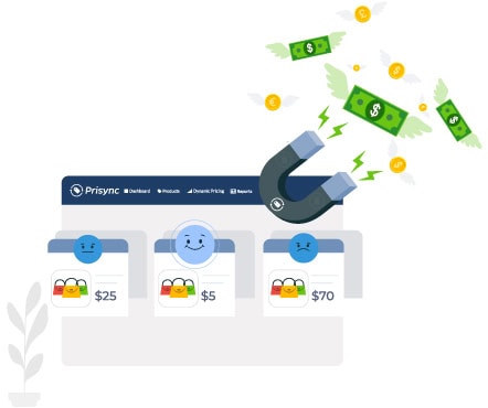 A magnet labeled as Prisync’s competitor price monitoring software is magnetizing money.