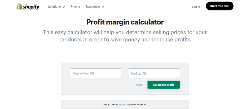 profit margin calculator of Shopify