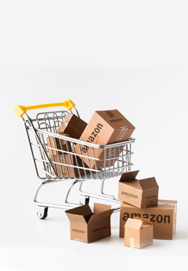 Amazon delivery boxes inside of a shopping cart