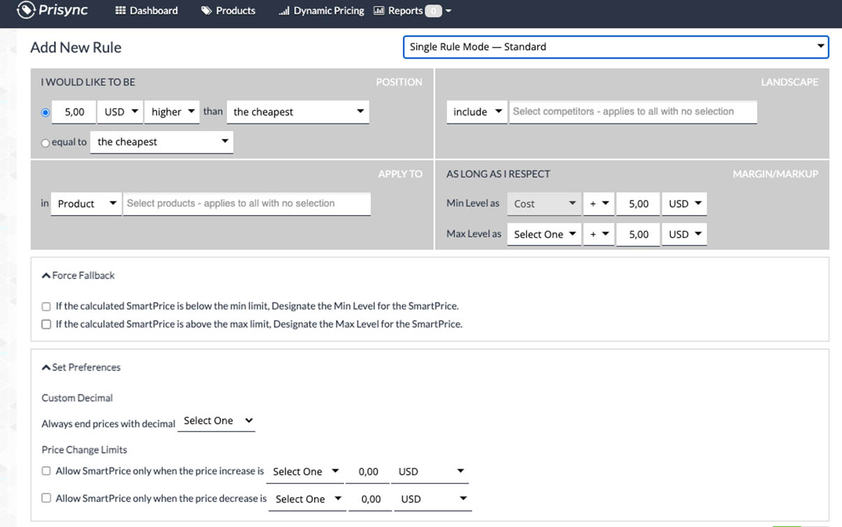 Single Rule mode for dynamic pricing and price change limits