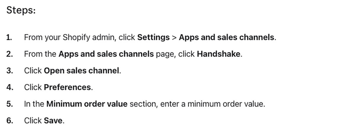 The steps of how to set up a minimum order value for the Handshake platform which is a sales channel of Shopify.