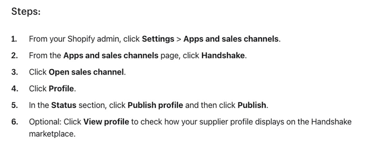The steps of how to publish the Handshake profile which is a sales channel of Shopify.