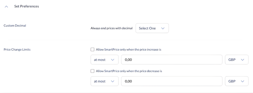 competitive price recommendation - set preferences